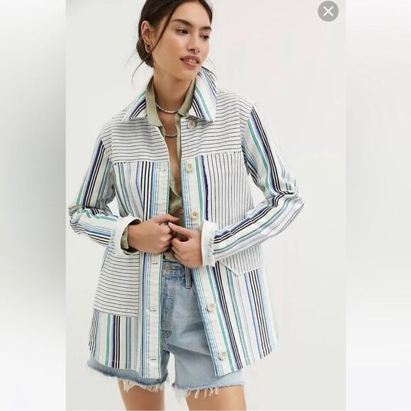 Anthropologie Maeve Striped Button Down Shacket Shirt Jacket NEW Size Medium - Picture 1 of 12